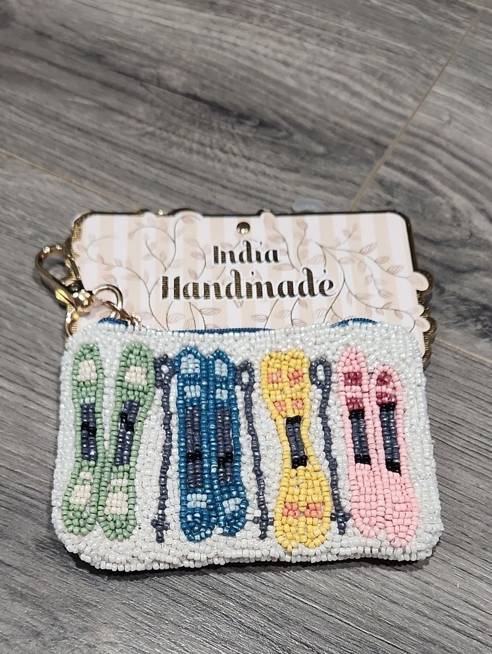 Beaded Key & Card Pouch - White with Pastel Skis Motif